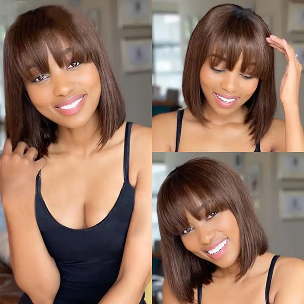 Straight Short Bob Wig With Bangs Brown Human Hair Wig With Bangs For Women Brazilian Glueless Full Machine Made Wig With Bangs