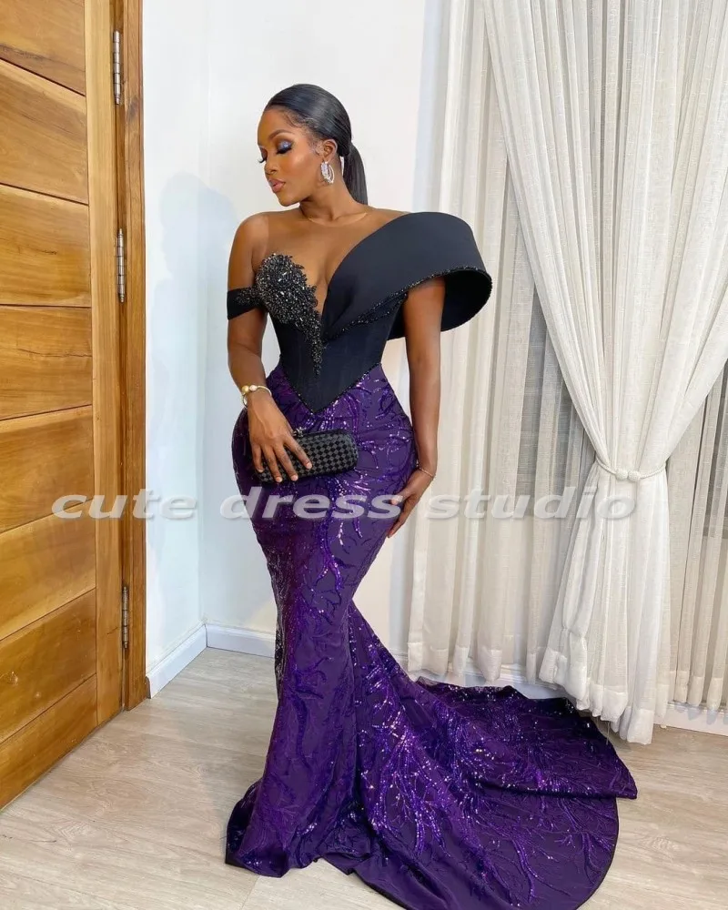 Elegant Black และสีม่วงชุดราตรี Sheer คอเลื่อม Applique Beading Aso Ebi Mermaid Prom Gowns งานแต่งงาน2022สวมใส่