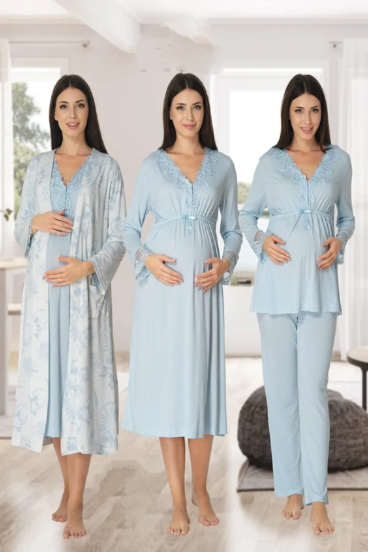 Women's Blue Long-Sleeve Pajamas Set Nightgown Dressing Gown Puerperal Maternity 4'lü Set