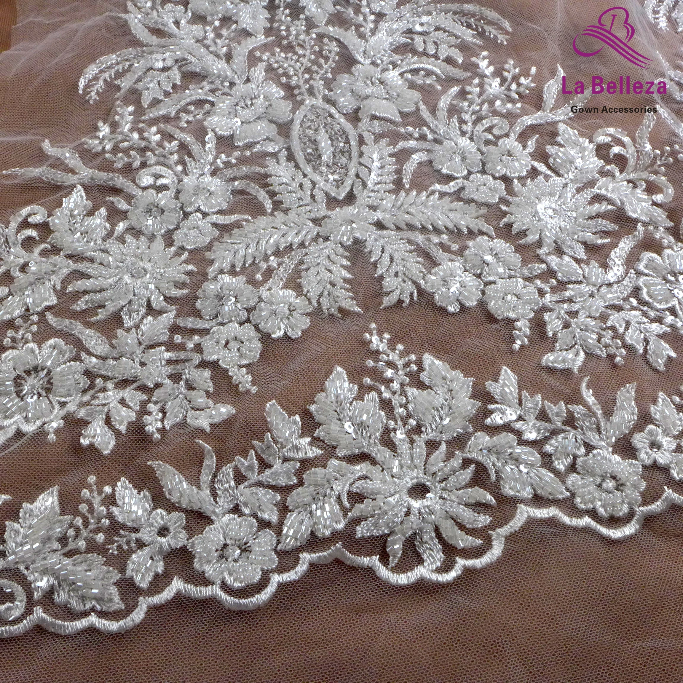 1 yard white bridal fabric, sequins beads embroidery wedding dress lace fabric,two side patterns gown lace,ivory gown lace