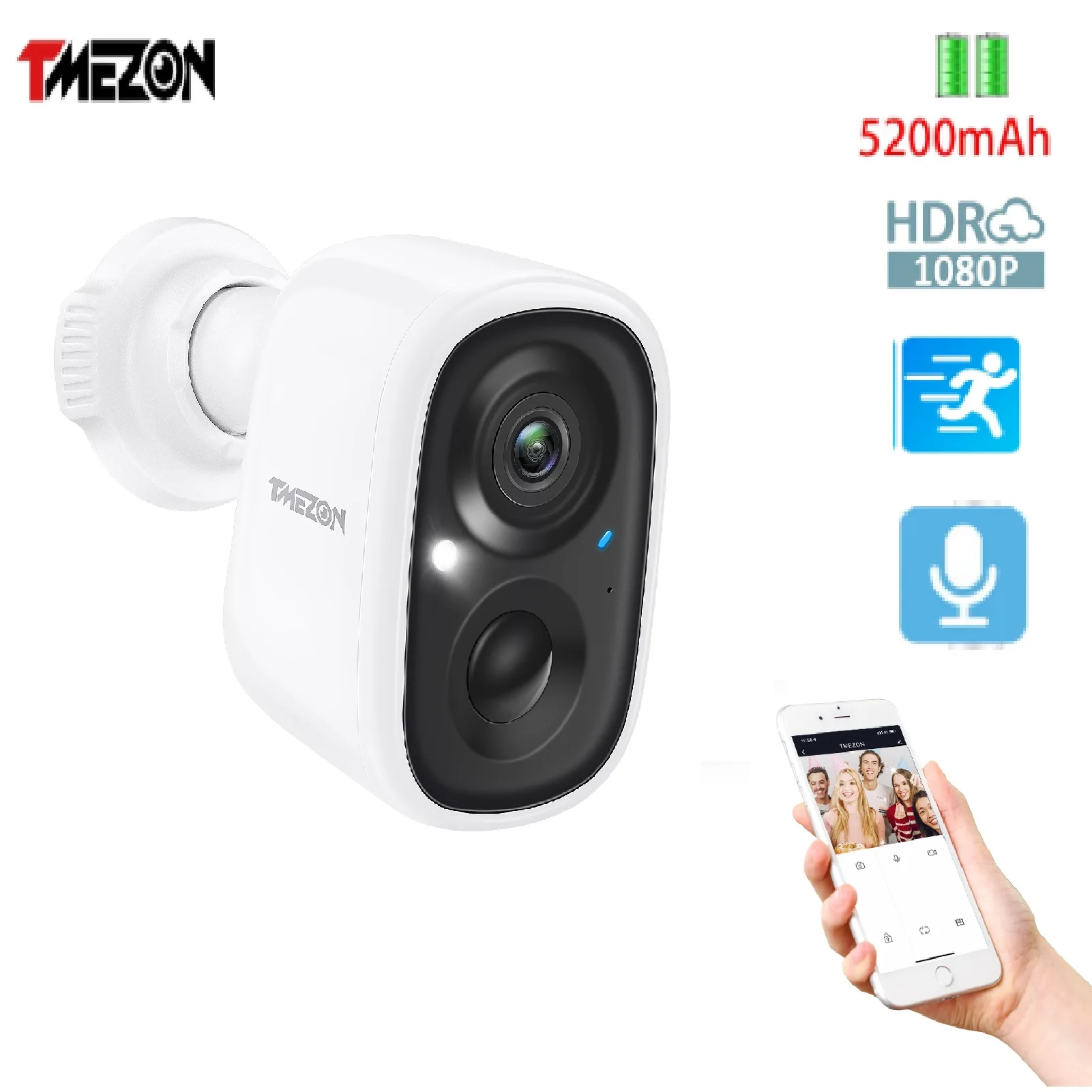 TMEZON 1080P WIFI Battery Camera Rechargeable Outdoor Two-Way Audio IP65 Weatherproof Security Wireless IP Camera PIR Motion