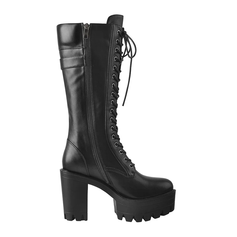 Onlymaker Brand Platform Round Toe Matte Black Lace-up Knee Chunky High Boots  Buckle Punk Zipper Boots