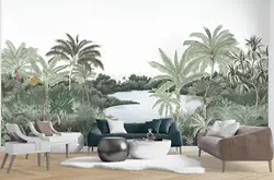 Tropical Wallpaper with Palms, panoramic wall mural depicting an exotic landscape with lush vegetation around a lake