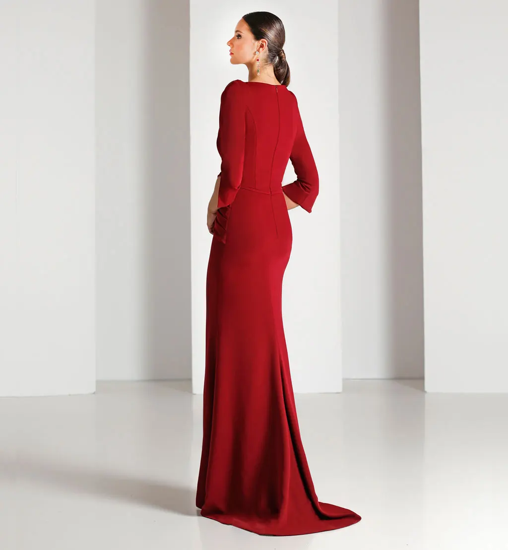 Robe de Soirée en Satin Rouge Foncé, Manches Mi-sulf, Style Sirène, Longue, Sexy, Formelle, Quelle que soit la Fabrication de l'École ome