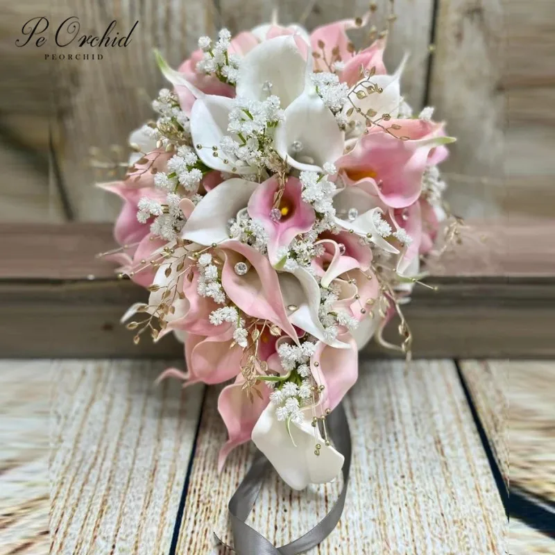 

PEORCHID Romantic Cascading Pink Gold Wedding Bouquet Calla Lilies Bridesmaid Flower Pearls PrincessTeardrop Bridal Bouquet