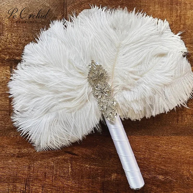 

PEORCHID Crystal Bridal Feather Fan Bouquets Great Gatsby Wedding Style 1920's Artificial Brooch Bouquet Bridesmaid Fan Custom