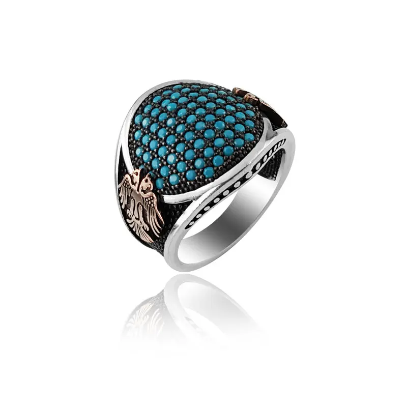 925 Silver Blue Stone and Eagle Covered Ethnic Turkish Ring for Men