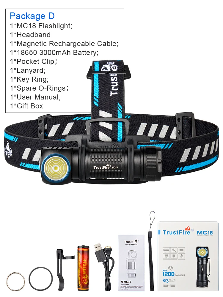 Trustfire MC18 LED-Stirnlampe, 1200 lm, 18650, magnetisch, wiederaufladbar, Taschenlampe mit Betriebsanzeige, Magnetschwanz zum Angeln