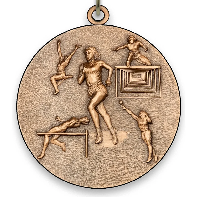 Large Metal Track and Field Female Bronze Medal 6,4 cm with Neck Ribbon size 2,2cm x 80 cm - Choice of Ribbon Colours.