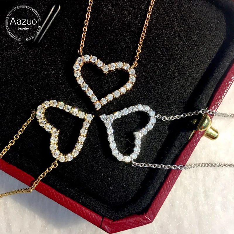 Aazuo Real 18K Pure White Gold Yellow Gold Rose Gold Real Diamonds Classic Lovely Heart Necklace gifted for Women 18 Inch Au750