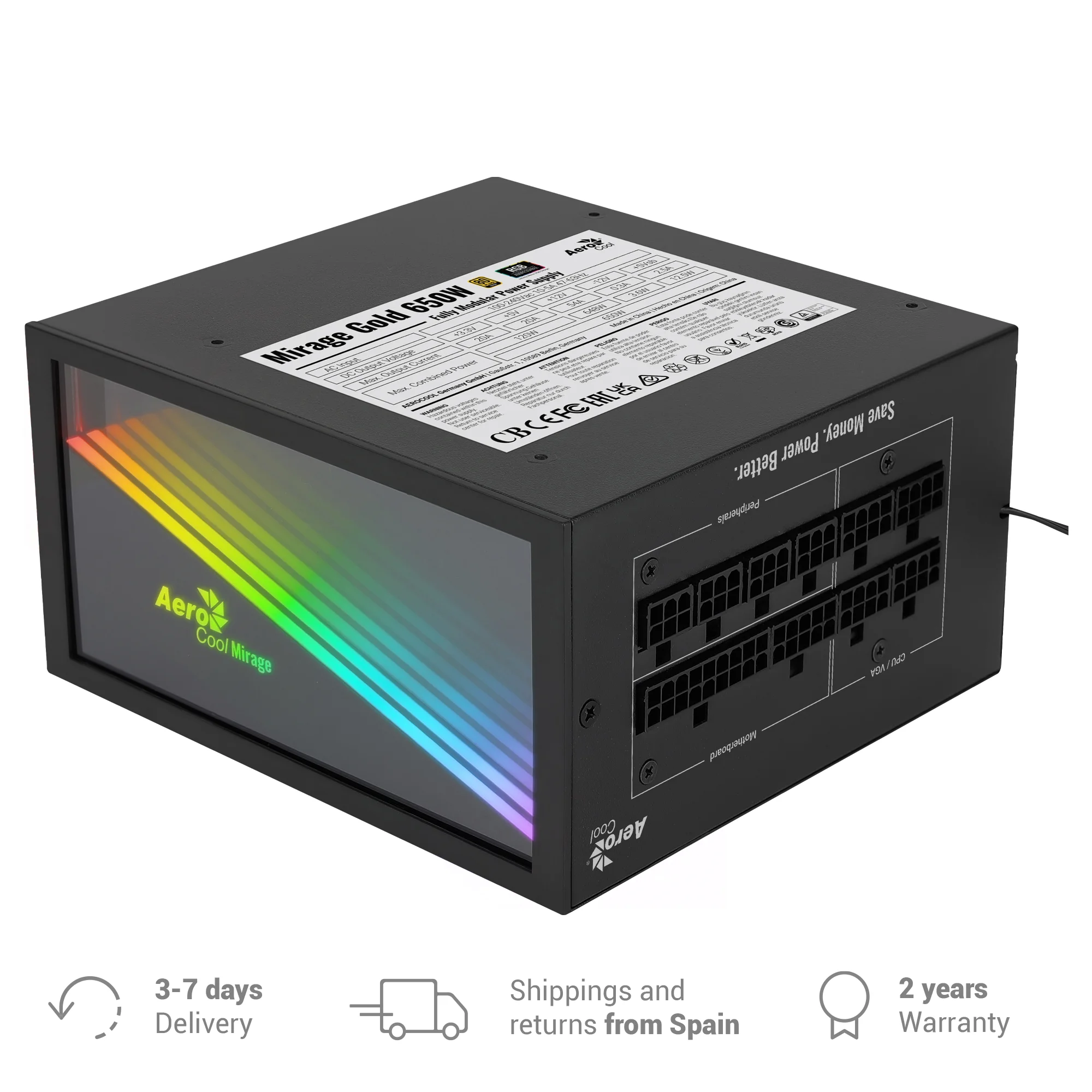 Aerocool MIRAGEGOLD PC power supply 650W Modular PC source 80 Plus Gold RGB Infinity Mirror Japanese capacitors