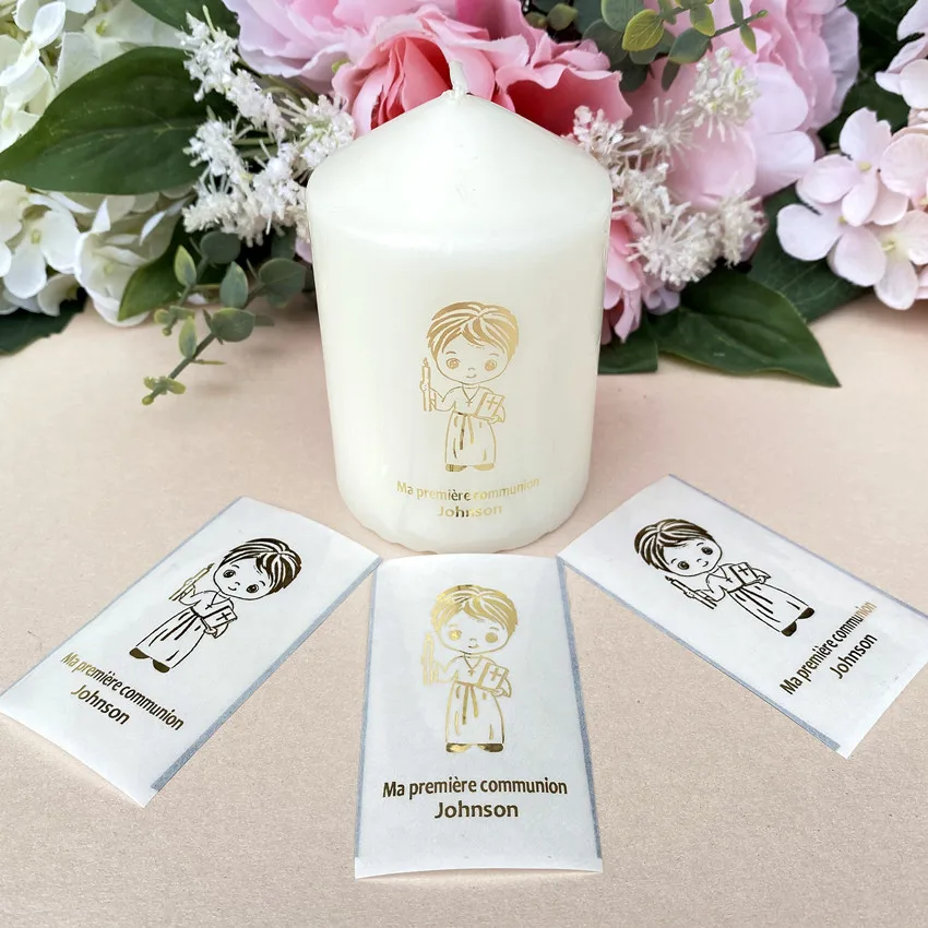 

Personalized Boy My First Honly Communion Candle Labels Custom Golden Stickers With Bibble Decorations