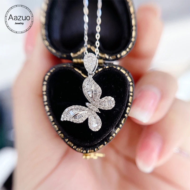 Aazuo Real 18K White Gold Real Diamond Fairy Butterfly Pendent With Chain Necklace Gifted For Women Engagemen Party 18Inch Au750