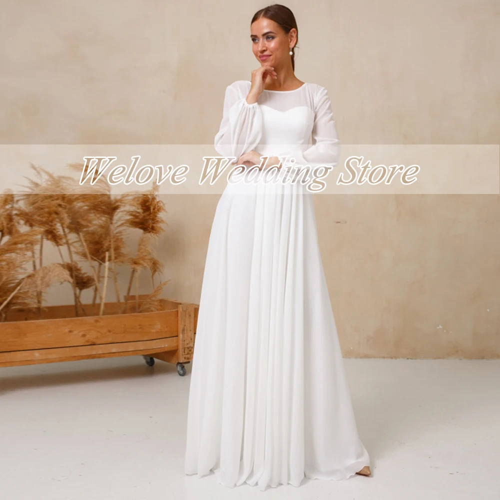 Robe De mariée longue en mousseline De soie, Vintage, manches longues, plage, col rond, ligne A, Corset au dos, Simple