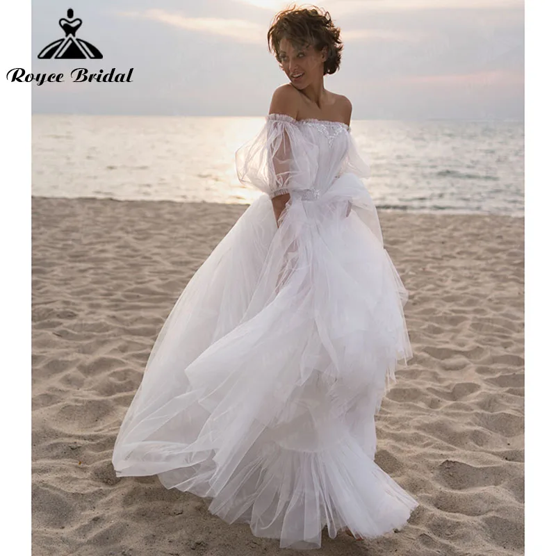 Beach Puff Sleeve Backless Off the Shoulder Backless senza spalline abito da sposa alto/basso abito da sposa corto davanti Roycebridal