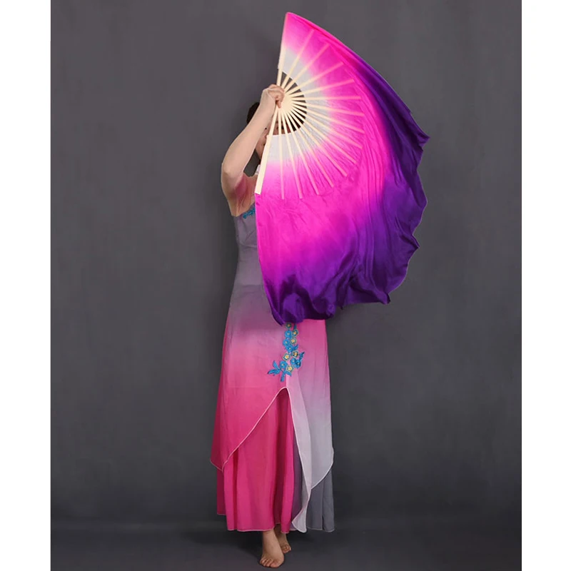 New Chinese Classical Yangko Dance Performance Props White-Rose-Purple Gradient Long Silk And Bamboo Double-Sided Dance Fan