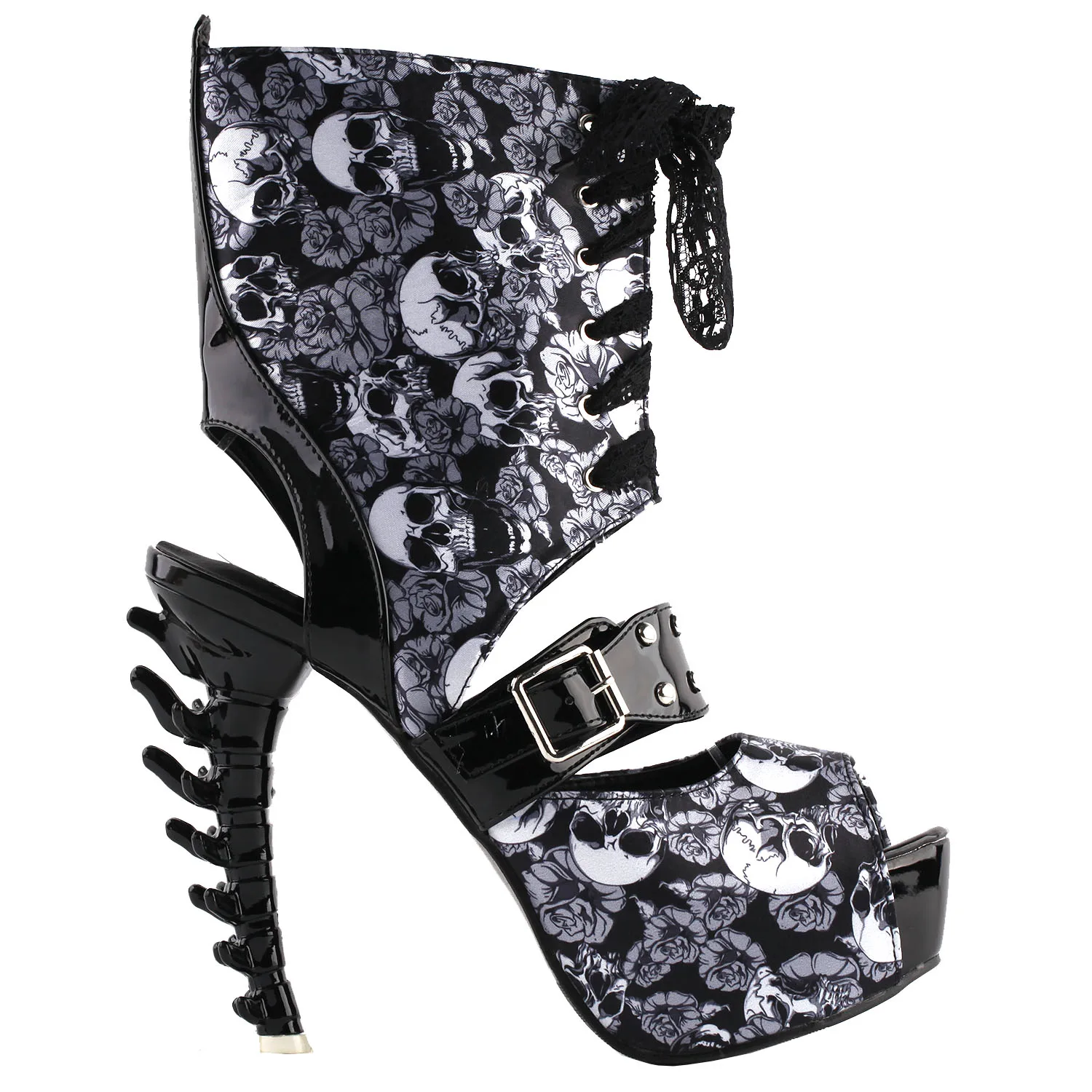 LF80663 SHOW STORY Punk Skull Rose Print Stud Buckle Lace-UpPlatform Bone Heel Club Ankle Bootie Sandals