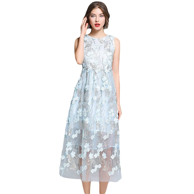 Sleeveless heavy industry three-dimensional flower embroidery waist mesh dress