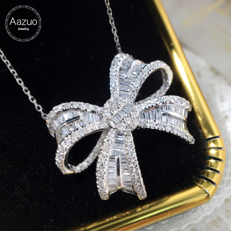 

Aazuo 18K Orignal White Gold Real Diamonds 1.0ct Luxuly Bowknot Necklace Gifted for Women Senior Banquet Wedding Party Au750