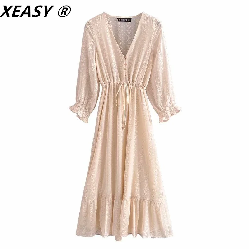 XEASY Dresses For Women 2021 Summer Za Fashion V-Neck High Waist Drawstring Bow Casual Long Dress Female Vintage Evening Dresses