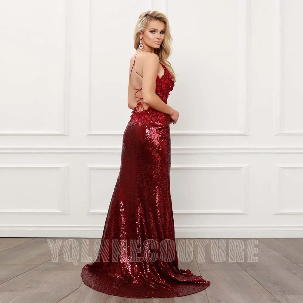 YQLNNE-Vestido largo de fiesta con lentejuelas, vestido Sexy rojo vino, con tirantes de sirena, apliques de flores, abertura izquierda, sin espalda, largo hasta el suelo