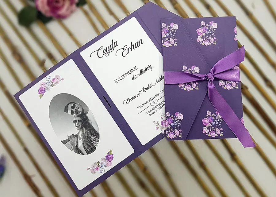 50 pieces of personalized photo printing wedding invitation (gift with ribbon)