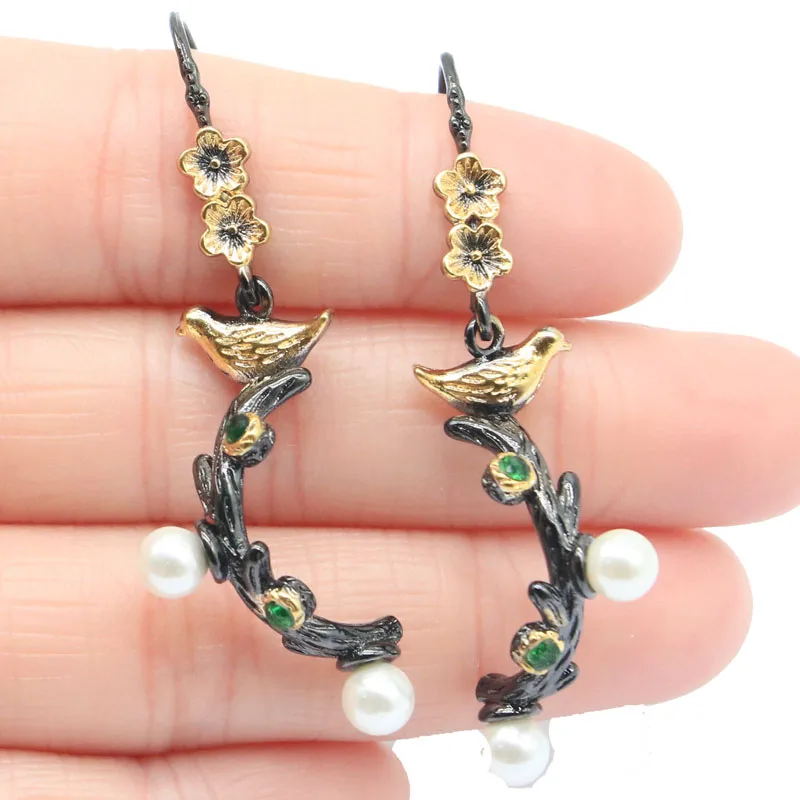 

Buy 3 get 1 free 51x11mm 7.4g Vintage Songbird Green Peridot Emerald Pink Tourmaline Pearl Ladies Black Gold Silver Earrings