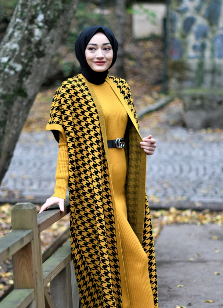 Kaz Ayağı Desen Yelekli Takım - Saks triko takim ikili abaya hijab kadin elbise uzun müslüman winter