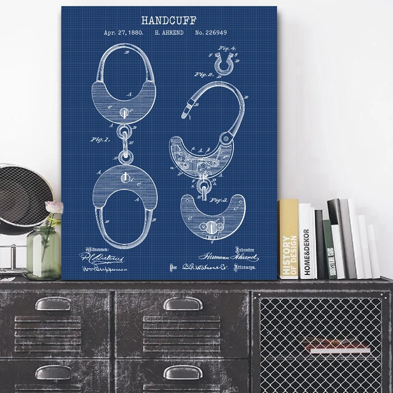 أصفاد يدوية ملصق مخططات فنية لوحة شرطة ديكور أصفاد 1880 براءة اختراع عتيقة قماش يطبع هدايا شرطي