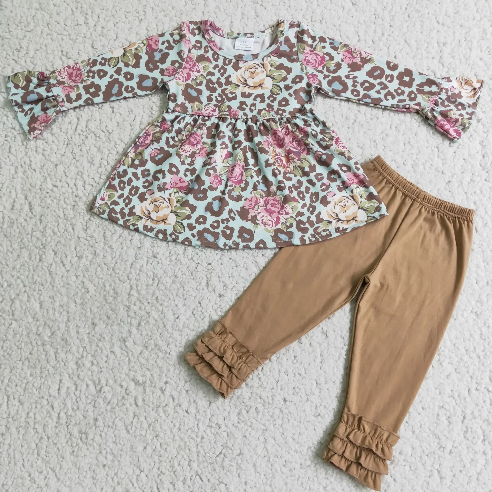 

Boutique Design Toddler Girl Clothing 2pcs Flower Leopard Print Blue Ruffle Top Brown Frilled Pants Kids Clothing Set