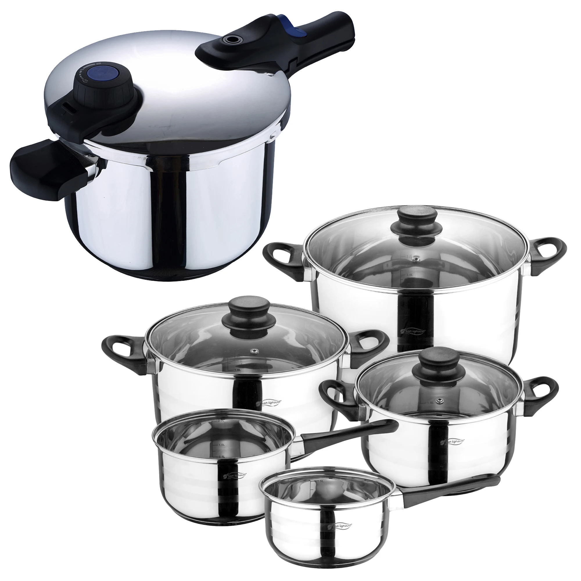 8 pieces kitchen battery and 6L pressure cooker in SAN IGNACIO coleccion Aragon stainless steel