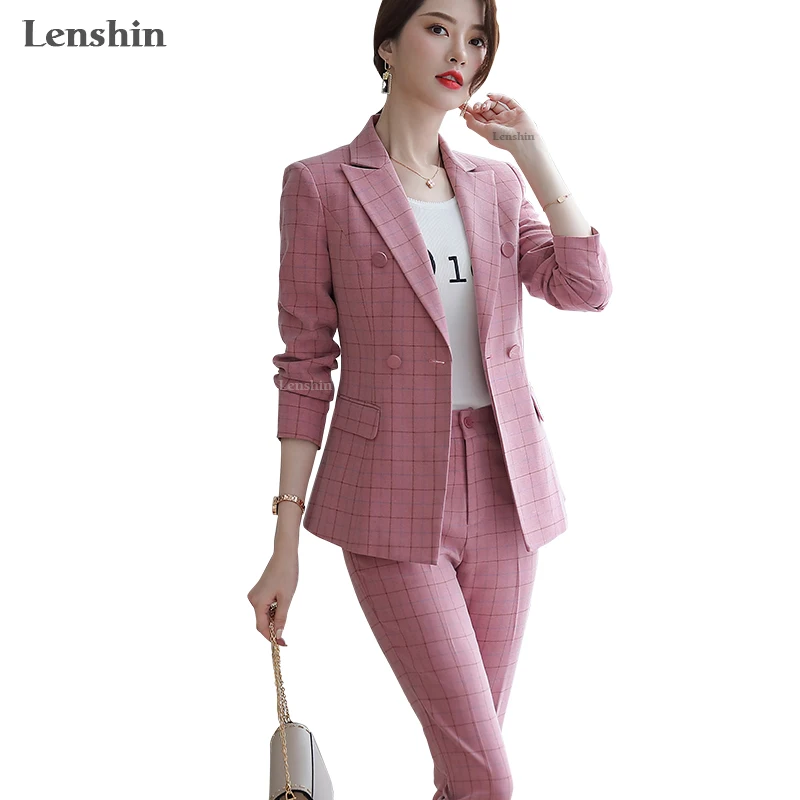 Lenshin High Quality 2 Piece Set Plaid Formal Pant Suit Blazer Office Lady Designs Women Soft Jacket and Ankle-Length Pant