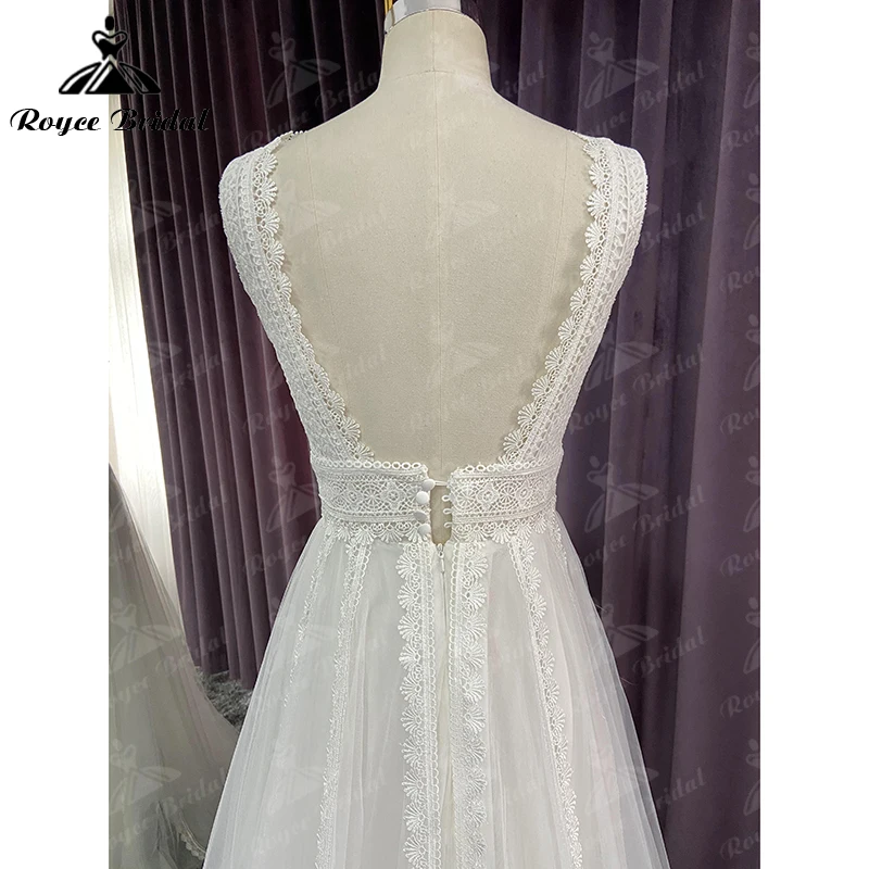 Boho O-Neck Off the Shoulder Lace Appliques A-Line Wedding Dress 2022 Tulle Bridal Gown Sweep Backless Button robe de mariée