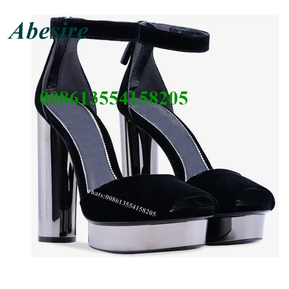 Black Suede Platform Women Sandals 2022 New Peep Toe Chunky Heel Back Zip High Heels Summer Party Shoes Mid Air Club Luxury Sexy