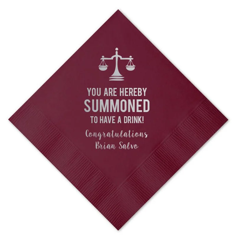 Personalized Napkins Law School Graduation Summoned to Drink Printed Beverage Cocktail Luncheon Dinner Guest Towel Printed Paper