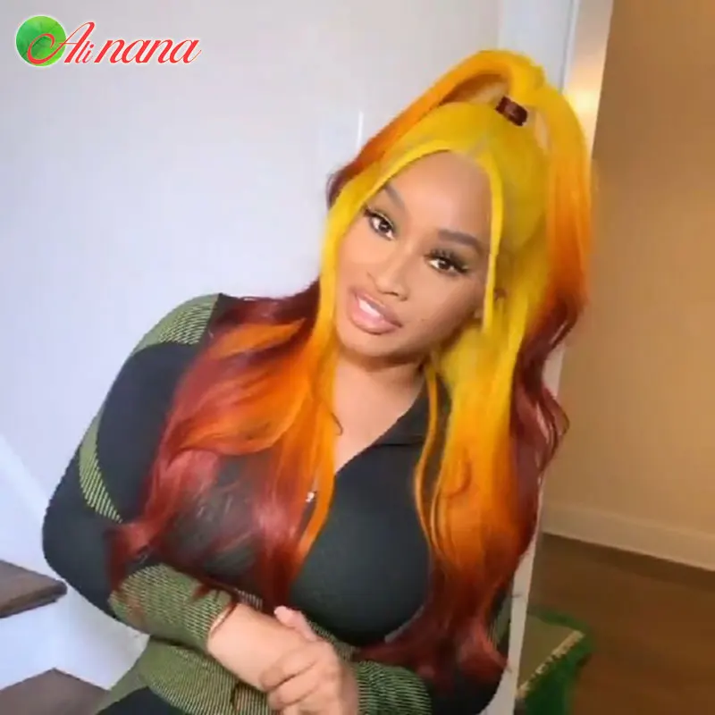 3 Tone Yellow Orange Red Ombre Color 13x4 Lace Frontal Wig Pre-Plucked Malaysian Human Hair Wigs For Black Women 150% Density