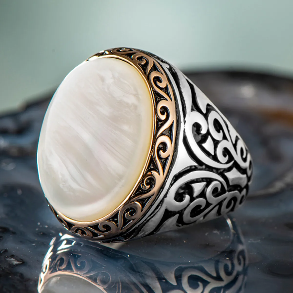 925 Sterling Silver White Mother of Pearl Stone Men\'s Ring Exclusive Accessory for Men Special Design Ring Made in Turkey