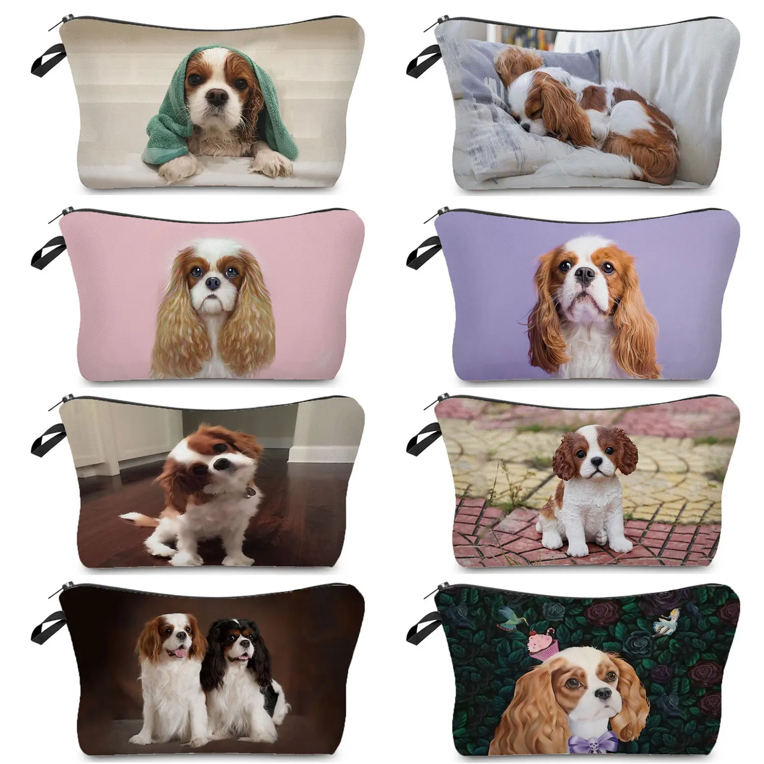 Cute King Charles Spaniel Cosmetic Bag Heat Transfer Print Makeup Bags Big Storage Bag For Travel Women\'s Bag Child Pencil Case