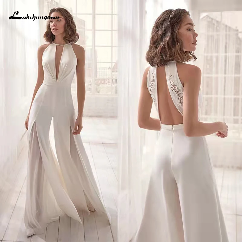 Elegant Chiffon Halte Neck Jumpsuit Wedding Dress 2022 Off the Shoulder Backless Bridal Gowns Robe Party Satin Floor Length Lace