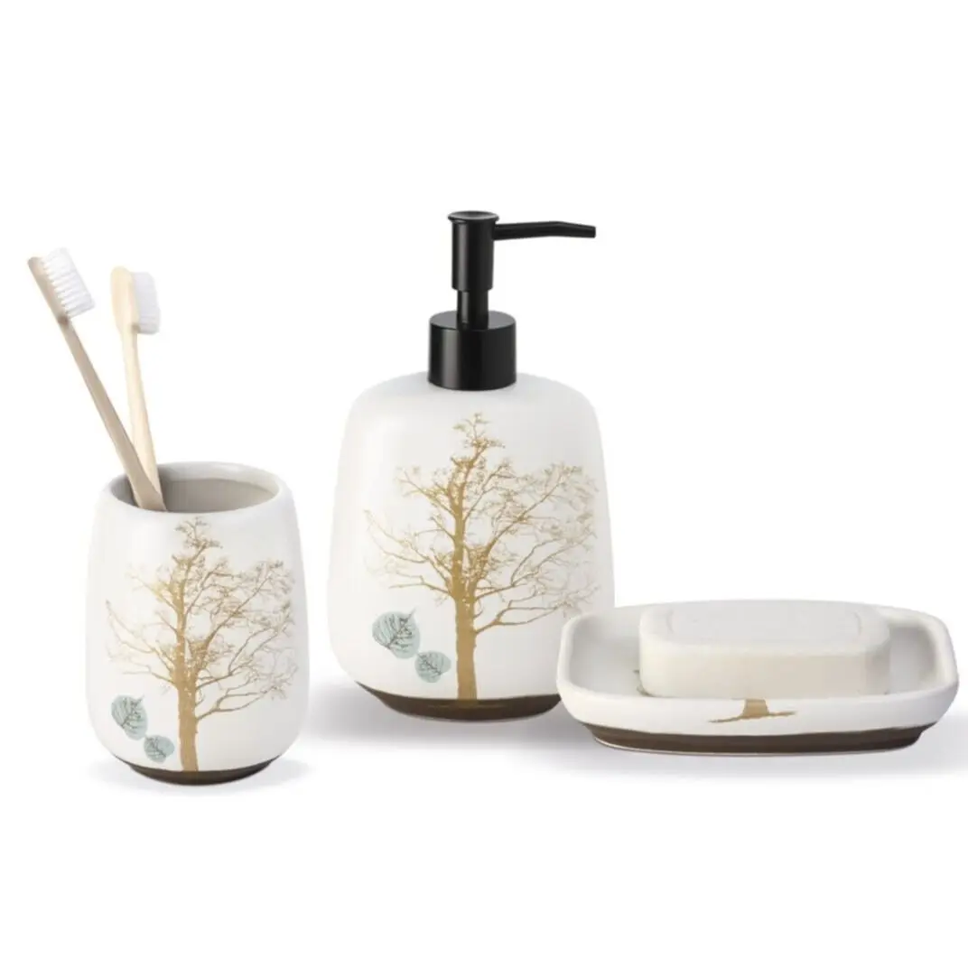 

3 Pecies Luxury Ceramic Bathroom Accessories Set Durable Quality Patterned Toothbrush Holder Liquid Soap Dispenser Soap Holder