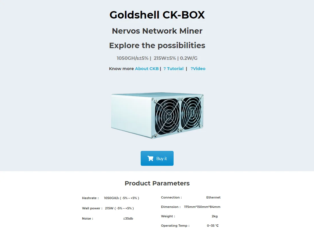 Gebruikt Goldshell Ck Doos 1050GH/S ± 5% | 215W ± 5% | 0.2 W/g Nervos Netwerk Mijnwerker met 750W Psu Optie