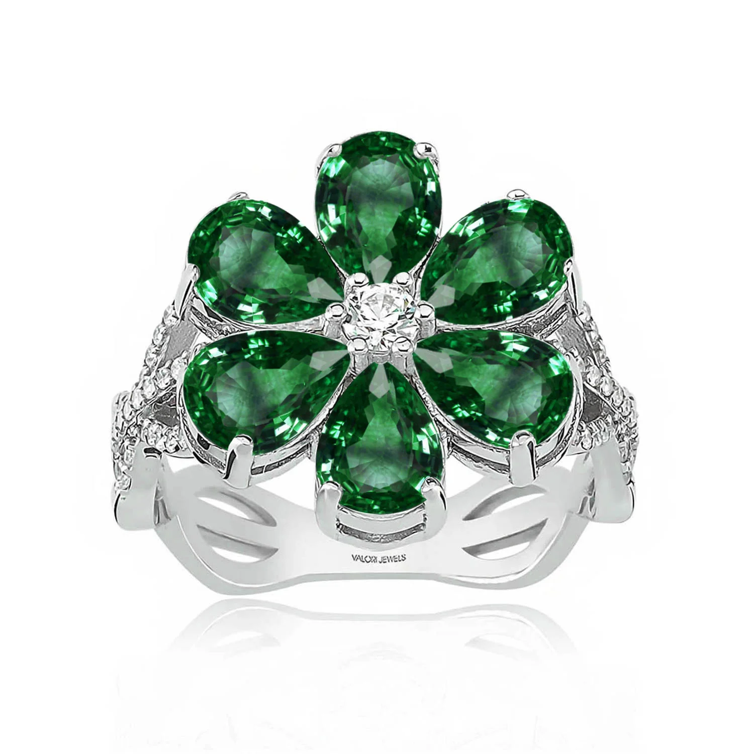 

Valori Jewels Green Magnolia Flower Ring, 4 Ct Zircon Gemstone, Rhodium Plated, 925 Silver, Fine Jewelry