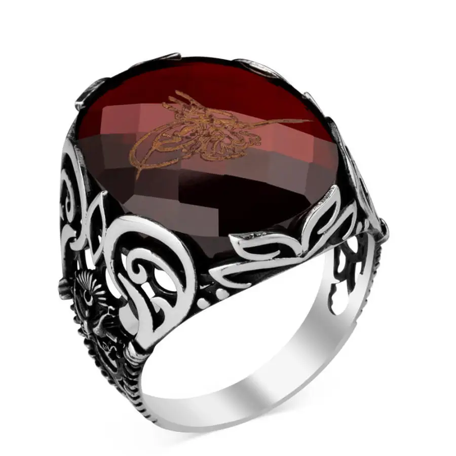 Silver Mens Ottoman Tughra Ring with Red Zircon Stone Fashion Turkish Premium Quality Handmade Jawelery