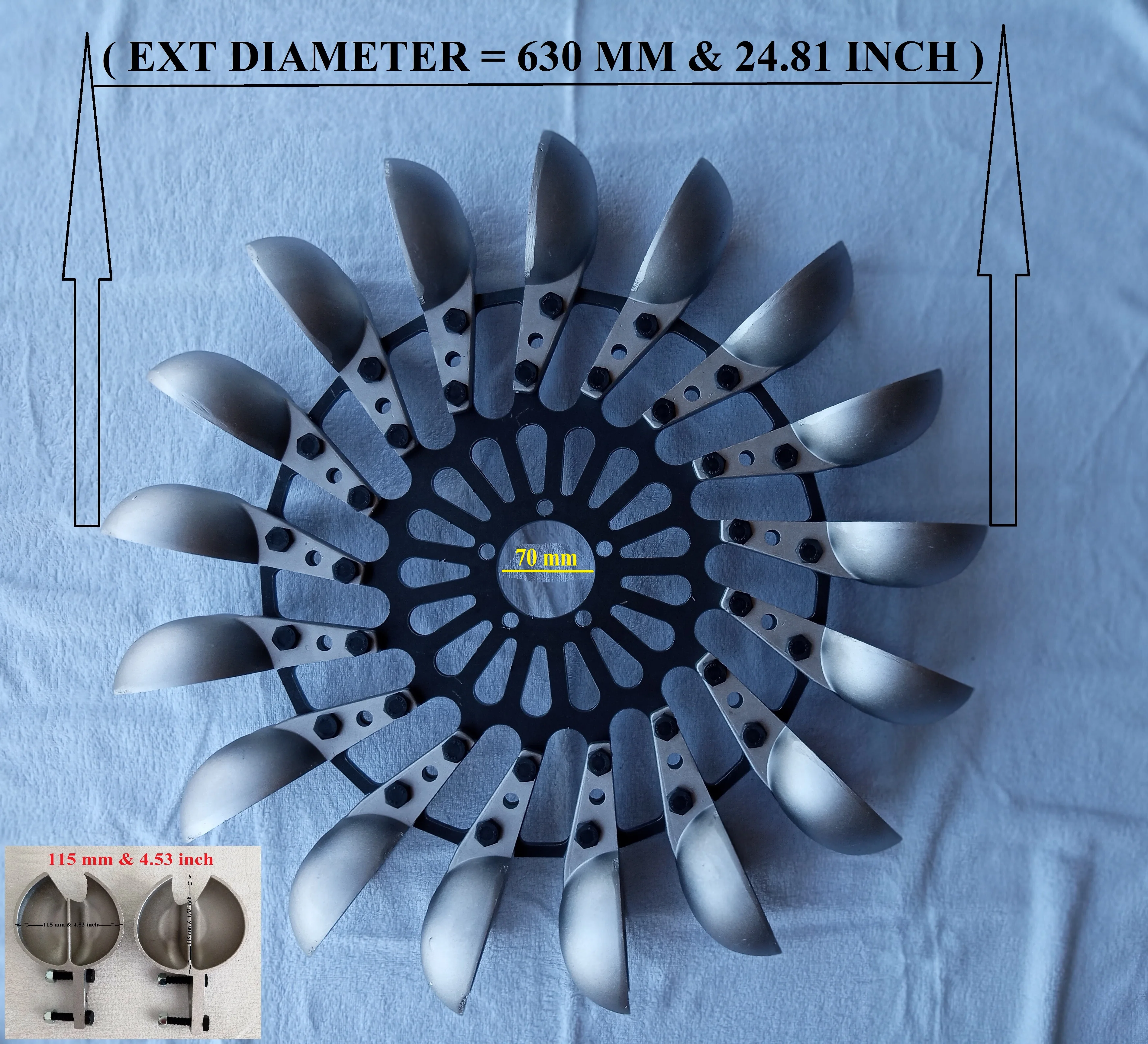 

Pelton Water Turbine Wheel With 17 Aluminum Spoon, External Diameter = 630 mm & 24.81 inch