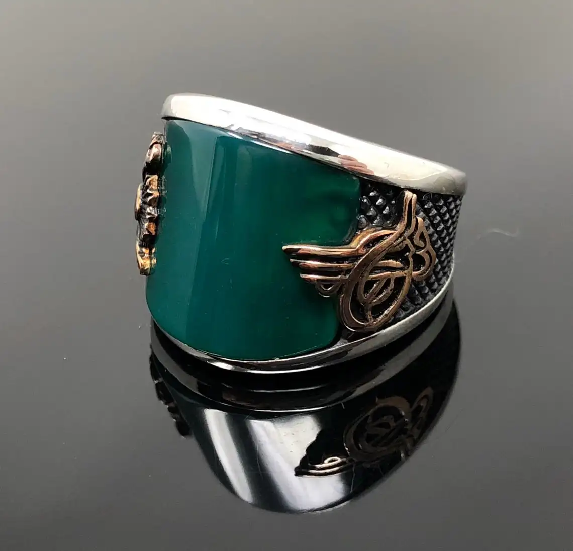 Oval Green Agate Stone Ottoman Masterwork Ring for Men 925 Sterling Silver Collocation Fashion Natural Fine Jewelery Gift idea