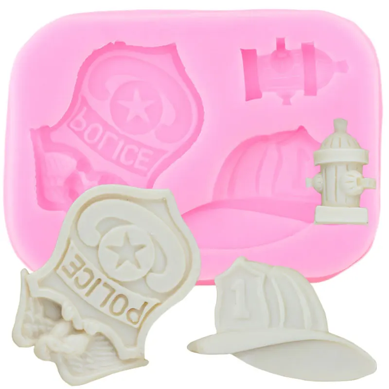 3D Fireman Police Badge Hat Silicone Molds Fire Hydrant Fondant Mould DIY Cake Decorating Tools Candy Resin Clay Chocolate Mold