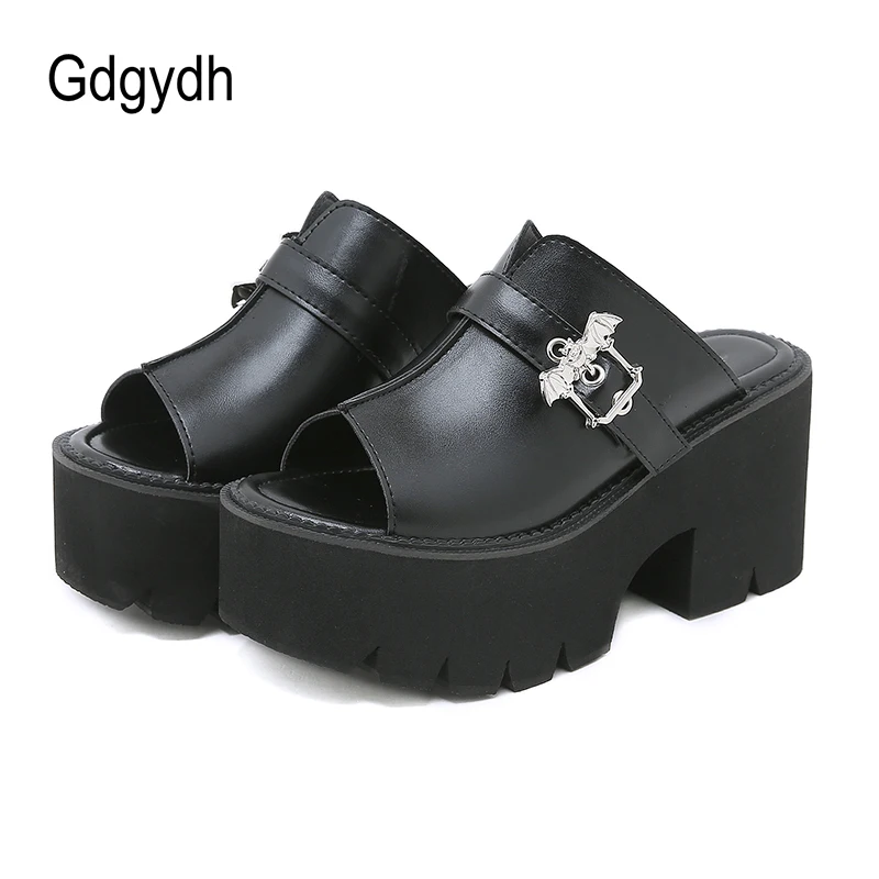 Gdgydh Goth Bat klamra Mule sandały dla kobiet obcas z wystającym palcem grube platformy letnie buty Sligbacks Plus rozmiar czarny Slip On