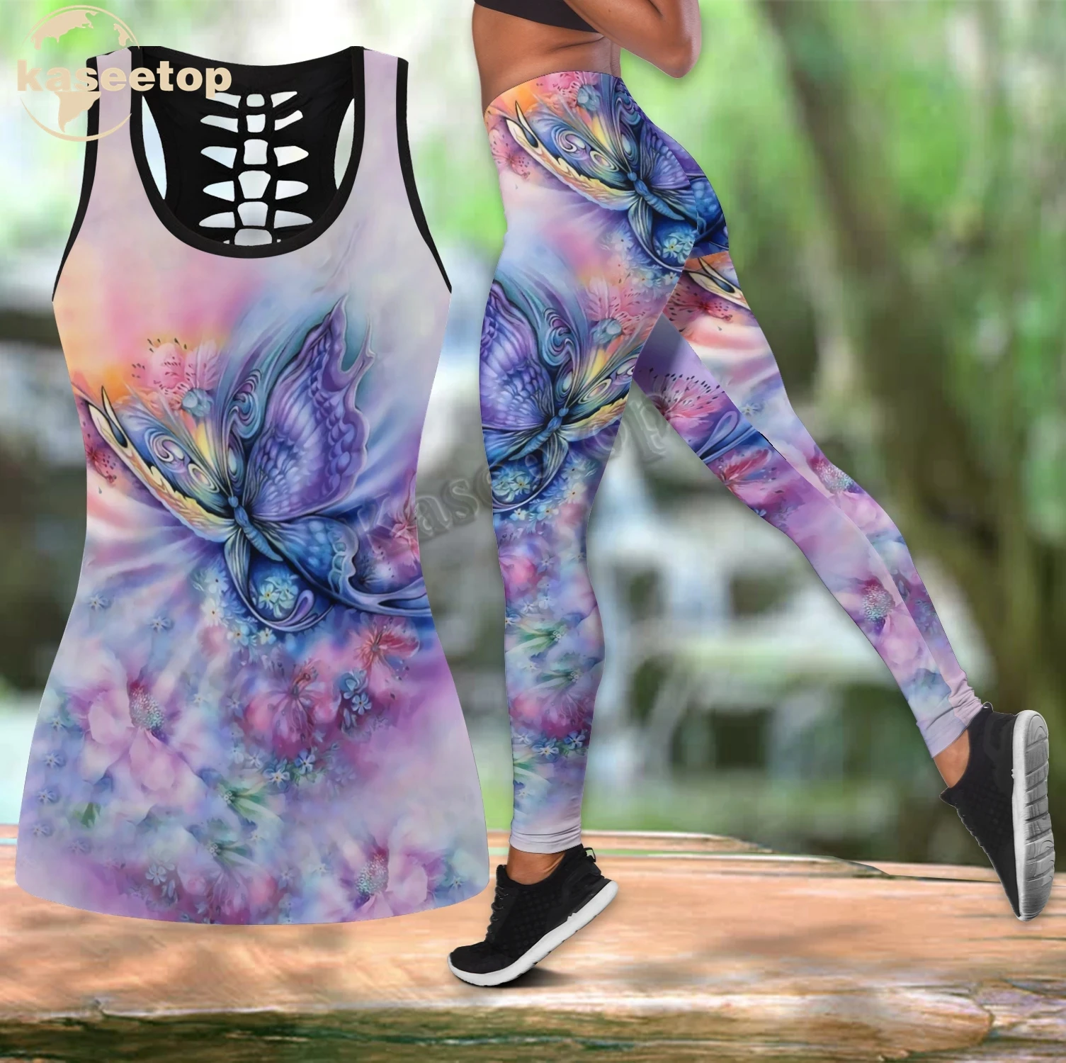 Beautiful Butterfly Top 3D Print Women Two Piece Yoga Set Vest Hollow Combo Tank Top Legging Waist Sport Fitness Quick Dry LK301