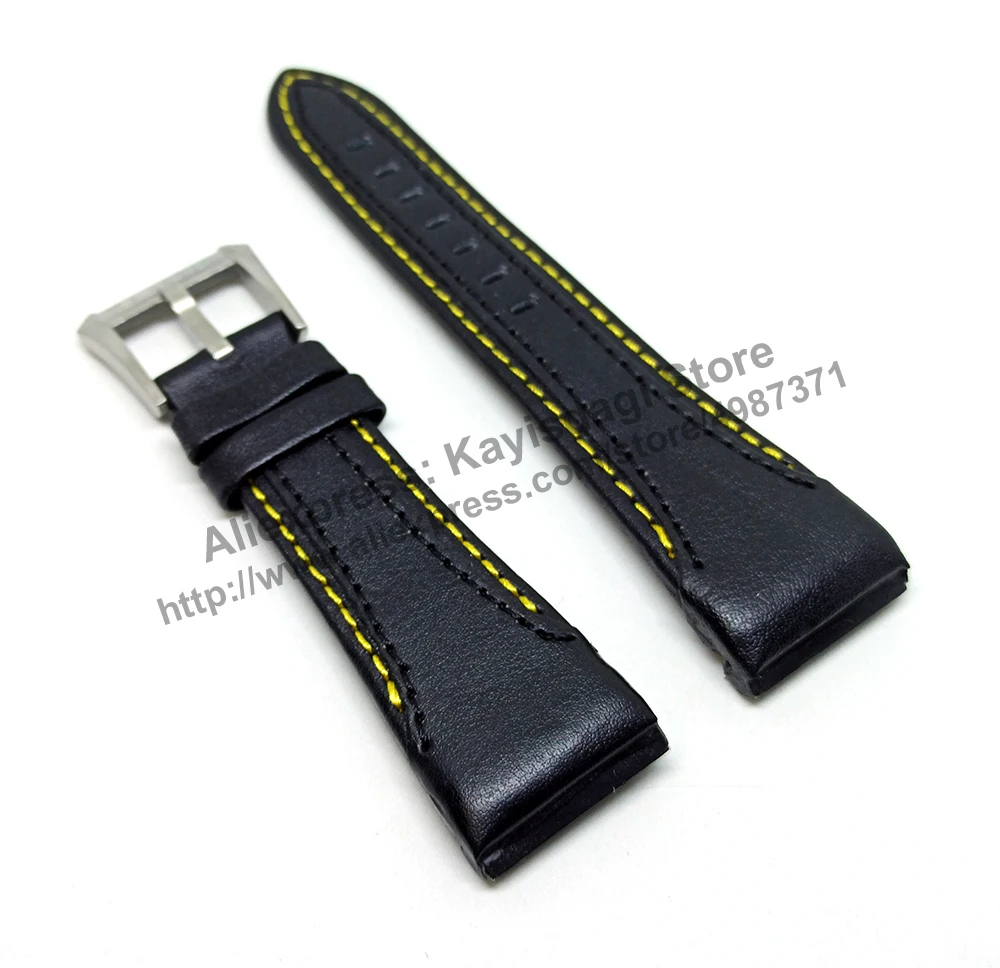 26mm Black Genuine Leather Yellow Stitched Watch Band Strap Compatible For Seiko Velatura 7T84-0AD0 - SPC049P1 SPC049P9