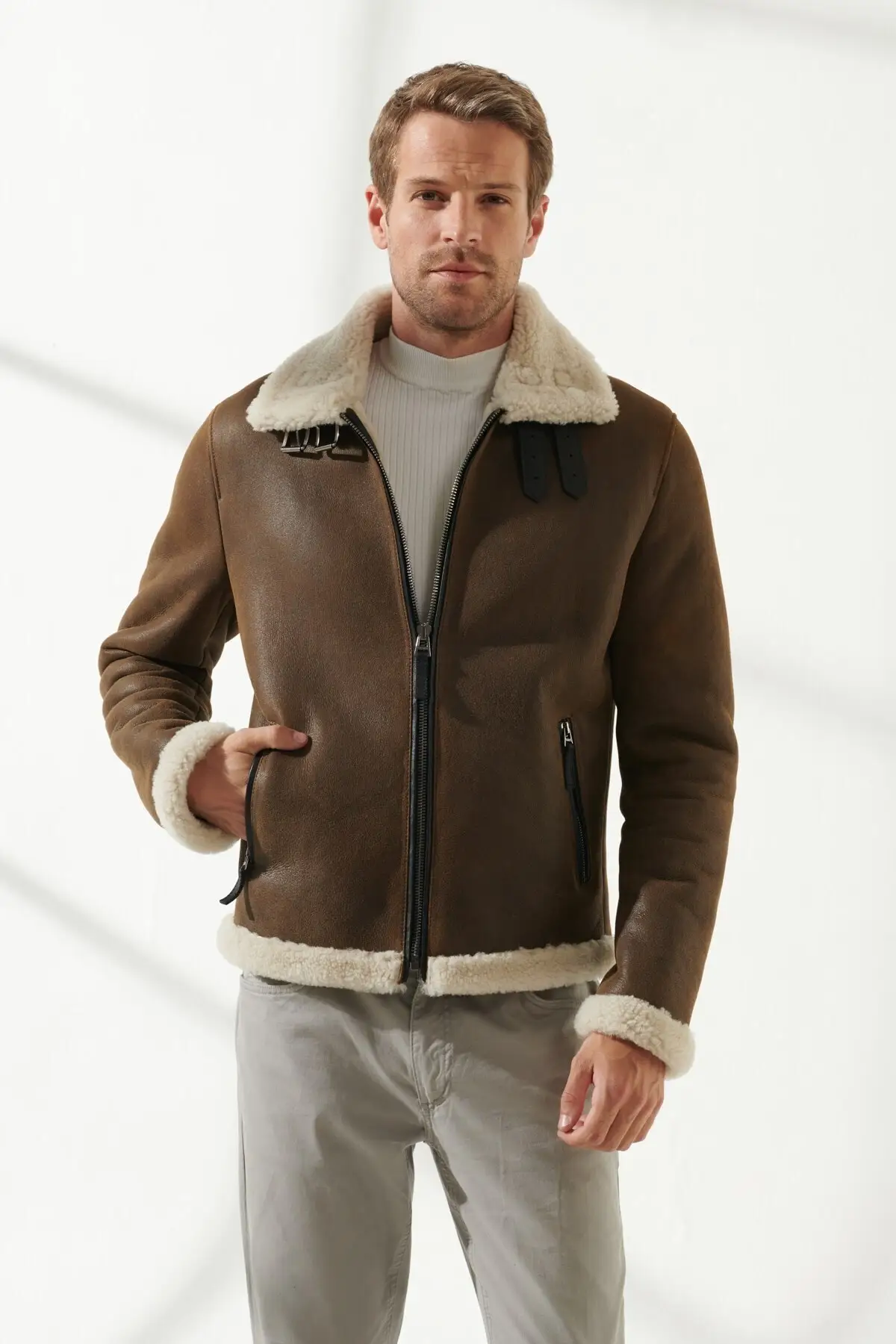 Free shipping from Fast Fashion genuine sheepskin brown coat winter furry leather jacket